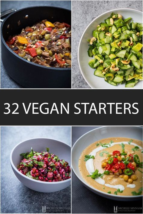 32 Delicious Vegan Starters that won't disappoint!... #Recipes #MealIdeas #GreedyGourmet #Vegan #VegetarianRecipes Vegan Starter, Watercress Soup, Vegetarian Starters, Cherry Tomato Salad, Vegan Starters, Gourmet Vegan, Cucumber Recipes, Vegan Appetizers, Starters Recipes