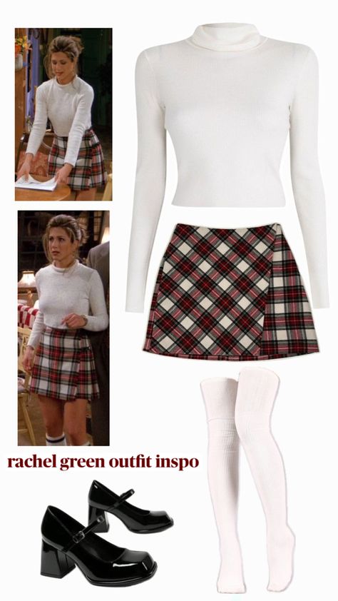 rachel green fit, friends, cheque skirt Friends Rachel Winter Outfits, Friends Rachel Outfits Dresses, Iconic Tv Show Outfits, Rachel Green Plaid Skirt, 2000s Vest Outfits, 90s Chic Outfits, Friends Inspired Outfits Rachel Green, Rachel Friends Fashion, Rachel Green Friends Outfits