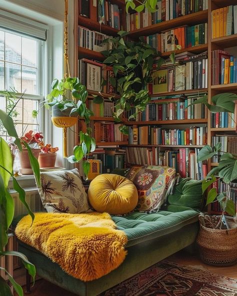 Eclectic Library Living Room, Library Living Room Ideas Cozy, Corner Bookshelf Ideas Living Room, Eclectic Library Room, 70s Cottagecore House, Studio Cottage Interior, Boho Living Room Window, Cosy Maximalism, Maximalist Bookshelf