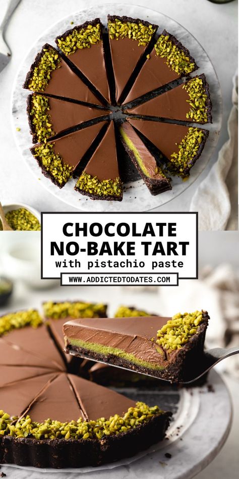 chocolate tart with pistachios on top of a marble cutting board. Pistachio Paste, Winter Torte, Chocolate Tarts Recipe, Pistachio Recipes, Resep Brownies, Vegan Dark Chocolate, Tart Baking, Raw Desserts, Vegan Dessert