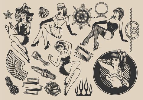 Pin-up, marine, rockabilly and Halloween tattoo style designs Rockabilly Tattoo Designs, Rockabilly Halloween, Rockabilly Tattoos, Dibujos Pin Up, Marine Design, Rockabilly Tattoo, Pin Up Girl Tattoo, Pin Up Drawings, Music Festival Poster