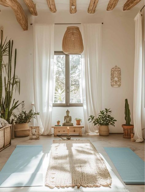 Boho Yoga Room, Wellness Room At Home, Boho Meditation Space, Yoga Room Ideas, Yoga Spaces At Home, Meditation Room Design, Zen Room Decor, Yoga Meditation Space, Yoga Room Design