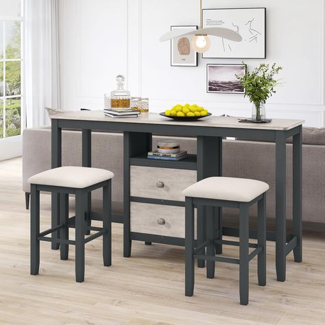 PRICES MAY VARY. [3 Piece Bar Table Set] This is a versatile bar table set, a bar table and 2 stools. Delicate and small table, retro and elegant, no matter it is placed in the dining room or living room, it will create a harmonious atmosphere. [Table with Storage Drawers] The dining bar table and stools set features 2 drawers, providing plenty of storage space for your dining essentials. Keep your cutlery, napkins, and other items neatly organized and within reach. [Wood Bar Table Set] The dini Kitchen Table For Small Kitchen, Counter Height Table In Kitchen, Small Dinning Room Table, Bar Table With Stools, Long Bar Table, Dinnig Table, 2 Seater Dining Table, Cutlery Napkins, Table With Stools