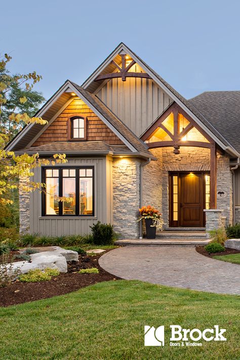 Blue And Black Home Exterior, Cabin Style House Exterior, Canadian Homes Exterior, Rustic Road Hardie Board, Mixed Materials House Exterior, House With Arched Front Door, Canadian House Exterior, New Build House Ideas Exterior, Exterior House Paint Color Combinations Farmhouse