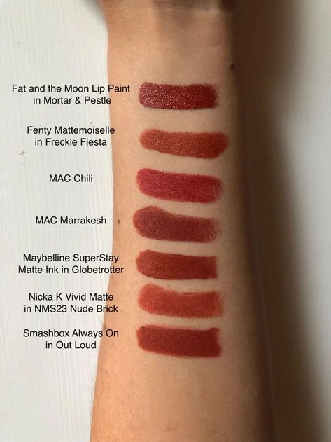 Red Lipstick Collection, Mac Red Lipstick Swatches, Brick Color Lipstick, Red Hair Lipstick, Brick Brown Hair Color, Brick Red Lip, Cool Red Lipstick Shades, Brown Lipstick Swatches, Brick Red Nails