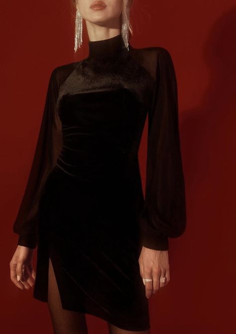 High Neck Dress Outfit, High Neck Dress Formal, Long Sleeve High Neck Dress, Sheer Long Sleeve Dress, Velvet Dress Short, Sleeved Velvet Dress, Dark Red Dresses, Velvet Dress Long, Long Sleeve Velvet Dress