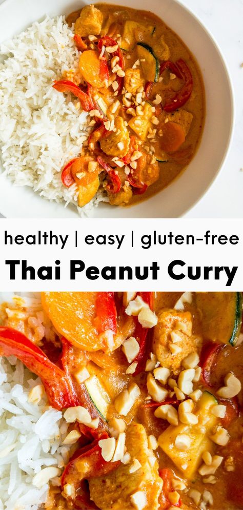 This Thai peanut chicken curry with coconut milk is a healthy and easy recipe. It is spicy, creamy, and very delicious. Can be made vegan, vegetarian and gluten-free. Perfect for a healthy weeknight dinner. #peanutcurry #chickencurry #coconutcurry #healthydinner #thaicurry #mealprep #easyrecipe Peanut Chicken Curry, Thai Chicken Peanut, Thai Peanut Curry, Chicken Spinach Curry, Chicken Curry With Coconut Milk, Curry With Coconut Milk, Peanut Curry, Thai Peanut Chicken, Peanut Stew