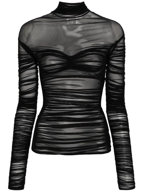 Farfetch Tops, Mugler Top, Mesh Outfit, Black Mesh Bodysuit, Black Mesh Top, Ladies Blouse Designs, Black Sheer Top, Zip Puller, Ruched Top