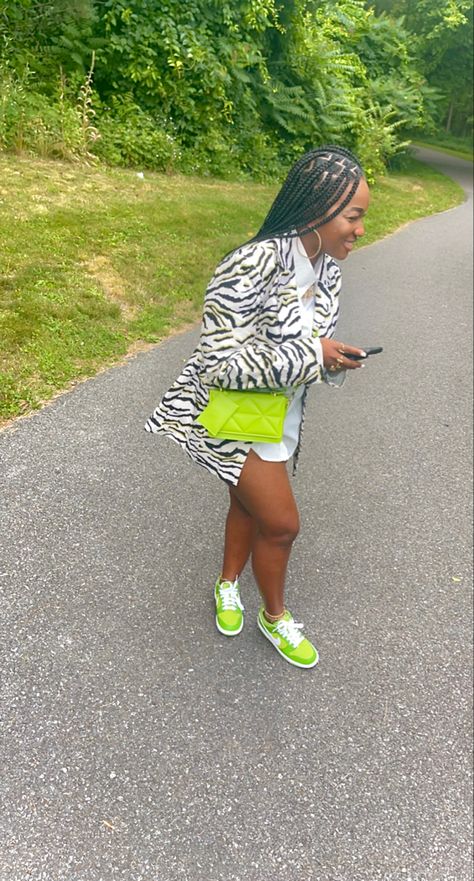 Multicolor Dunks Outfit, Classy Dunk Outfit, Blazer Shoes Outfits Black Women, Zebra Print Clothes Outfits, Nike Dunks Outfit Woman Dress, Green Birthday Outfit Women, Lime Green Dunks Outfit, Reverse Brazil Dunks Outfit Women, Skirts With Dunks