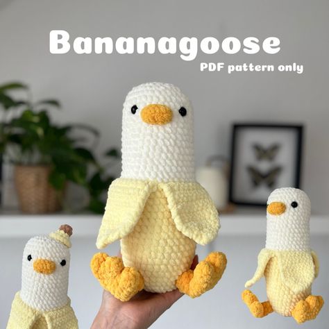 When purchasing this item, you will receive a PDF crochet pattern to download, not the finished Bananagoose. The pattern consists of eight pages and includes specific crochet instructions, a list of materials, and an abbreviation key. The pattern is written in English. If you have any questions, feel free to contact me via message or on Instagram (@therapyonmyhook). Thank you for visiting my shop! <3 Note: This pattern is for personal use only. The contents of this pattern may not be copied, dis Free Crochet Banana Pattern, Cute Animal Amigurumi, Free Crochet Bear Pattern Amigurumi, Crocheted Birthday Gifts, Crochet Patterns White Yarn, Balloon Animal Crochet Pattern, Crochet Etsy Ideas, Tiger Crochet Pattern Free Amigurumi, Crochet Yellow Duck Free Pattern