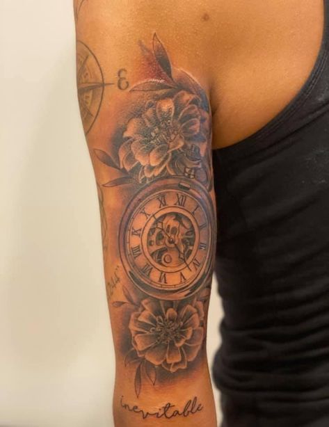 clock, inevitable, marigolds Marigold Tattoo, Half Sleeve Tattoo, Sleeve Tattoo, Half Sleeve, Sleeve Tattoos, Half Sleeves, Clock, Tattoos