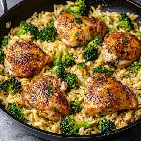 Skillet Chicken Thighs with Broccoli Cheddar Orzo Half Baked Harvest Orzo Chicken, Boneless Skinless Chicken Thigh Recipes Cast Iron Skillet, Low Calorie Chicken Thigh Recipe, Chicken Thigh Orzo Recipes, Sides For Chicken Thighs, Easy Skillet Chicken Thighs, Chicken Thigh Broccoli Recipe, Chicken Thigh Orzo, Orzo And Chicken Recipes