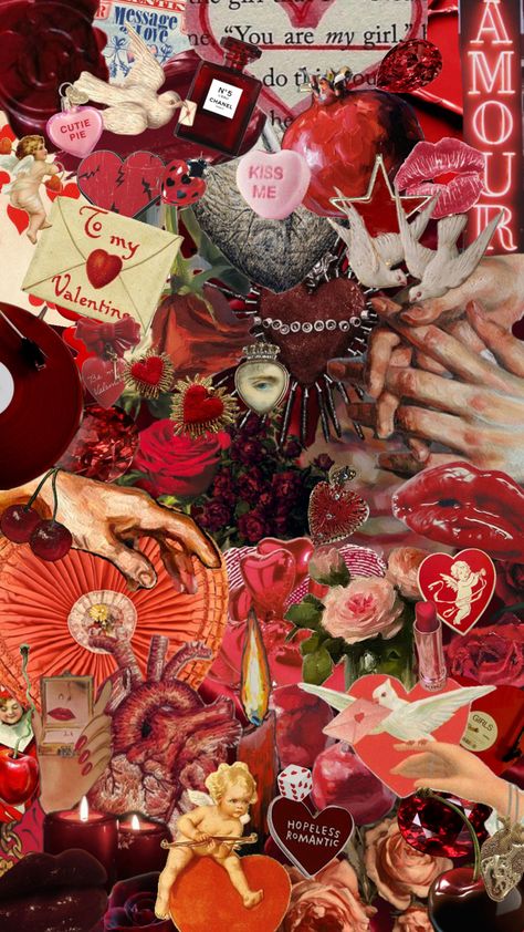 Red, heart, valentines collage Angelic Aesthetic, Wall Paper Phone, Artistic Wallpaper, Cherry Wine, Valentines Wallpaper, Romantic Things, Mood Board Design, Spring Vibes, Red Aesthetic