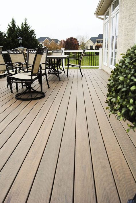 Deck color with taupe houses  #deckskirtingideas #deckideas #CompositeDecking #CompositeDeck #DeckingSystem #Deckstore Deck Color Schemes, Solid Stain Deck, Wood Deck Stain, Deck Paint Colors, Composite Decking Colors, Deck Upgrade, Deck Stain Colors, Deck Renovation, Finger Lakes Ny