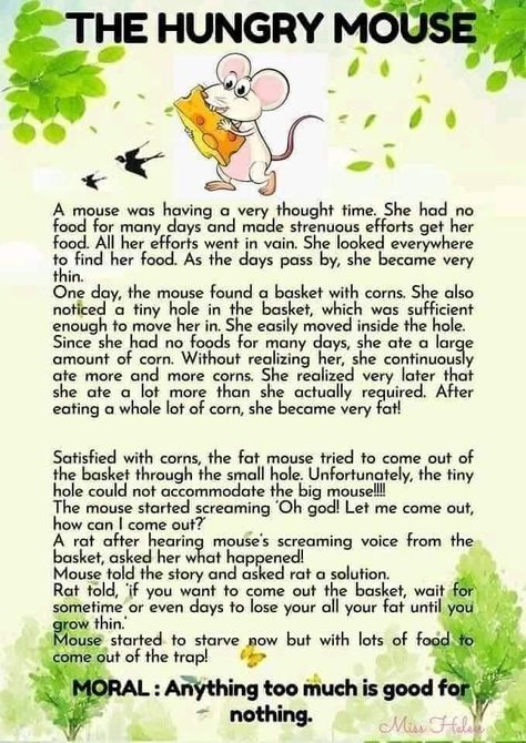 The hungry mouse. Moral short stories for learning English.  anything too much is good for nothing Small Stories In English, Short Story With Moral Lesson, Small English Story, Moral Short Stories, Small Stories For Kids, Good Moral Stories, English Poems For Kids, Story In English, Stories With Moral Lessons