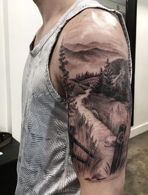 40 Landscape Tattoo Ideas | Art and Design Land Tattoos, Landscape Tattoo Ideas, Natur Tattoo Arm, Wilderness Tattoo, Berg Tattoo, Tattoos Symbols, Adventure Tattoo, Scene Tattoo, Mountain Tattoo Design