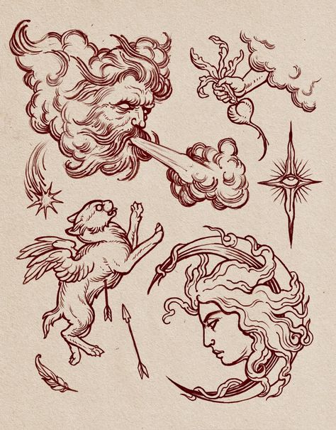 Engraving Tattoo Design, Medieval Etching, Tattoo Art Ideas, Wind Tattoo, Woodcut Tattoo, Medieval Tattoo, Engraving Tattoo, Arte Occulta, Petit Tattoo