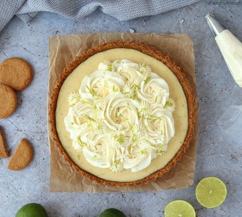 Key Lime Pie - The filling is super zingy and I’ve topped the pie with whipped cream to set off the sour lime. The Baking Explorer Key Lime Pie Decoration, Lime Loaf Cake, Lime Loaf, Ginger Nut Biscuits, American Dessert, Whipped Cream Topping, Pie Decoration, Loaf Cake Recipes, American Desserts