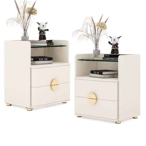 PRICES MAY VARY. 【EXCLUSIVE APPEARANCE WITH GLASS TOP】 - Elevate your bedroom or living room decor with this striking minimalist nightstand. Its clean-lined, contemporary body features a sleek blend of tempered glass and wood in a sophisticated beige color scheme. This elegant bedside table is sure to complement any existing decor, adding a touch of both fashion and function. 【VERSATILE AND AMPLE STORAGE SPACE】 - With two convenient drawers boasting metal handles for easy access, this 2-drawer n Side Tables For Bed, Side Bed Drawers, Beige Modern Bedroom, Circular Nightstand, Cool Nightstand, Side Tables Bedroom Modern, Amazon Room Decor, Mirrored Nightstand Bedroom, Nightstand Aesthetic