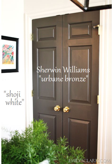 Favorite Kitchen Cabinet Paint Colors {Friday Favorites}… Sherwin Williams Urbane Bronze, Interior Door Paint Colors, Urbane Bronze, Urban Bronze, Shoji White, Painted Kitchen Cabinets Colors, Brown Doors, Cabinet Paint, Cabinet Paint Colors