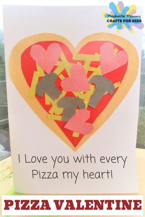 A fun and super simple handmade pizza heart card craft for children.  great for valentines day, mothers day, fathers day and more!  #kidscraft #preschool #kindergarten Kids Mothers Day Cards, Fathers Day Crafts Preschool, Pun Valentines, Mother's Day Cards Handmade Simple, Valentines Day Crafts For Preschoolers, Simple Pizza, Kids Fathers Day Crafts, Mummy Crafts, Valentines Day Cards Diy