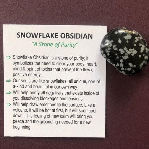 SNOWFLAKE OBSIDIAN tumbled stone with description card | Etsy Snow Obsidian Meaning, Snowflake Obsidian Meaning, Snowflake Obsidian Crystal, Stone Meanings, Crystal Work, Obsidian Crystal, Crystal Guide, Crystal Healer, Black Tourmaline Crystal