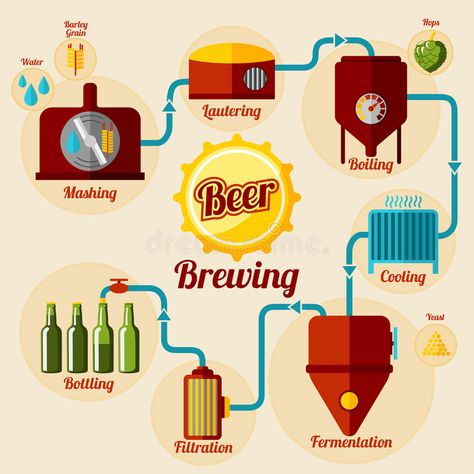 Beer Infographic, Beer Making Process, Beer Brewing Process, Barley Beer, Process Diagram, Beer Illustration, Beer Brewing Equipment, Homemade Alcohol, Alcohol Bar