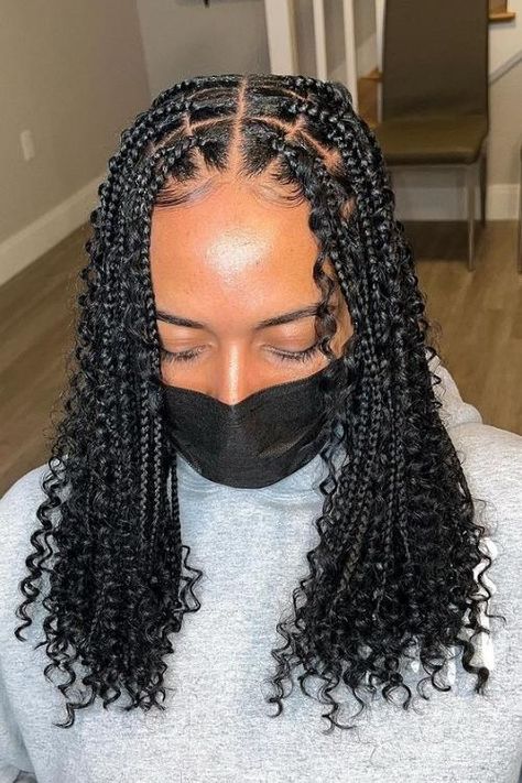 How to Medium Knotless Box Braids & 30+ Hairstyles Goddess Knotless Braids Shoulder Length, Knotless Braids Hairstyles Medium Length, Shoulder Length Bohemian Box Braids, Medium Length Braids Hairstyles, Medium Length Braids For Black Women, Boho Shoulder Length Hair, Medium Knotless Braids Shoulder Length, Shoulder Length Knotless, Shoulder Length Braids With Curls