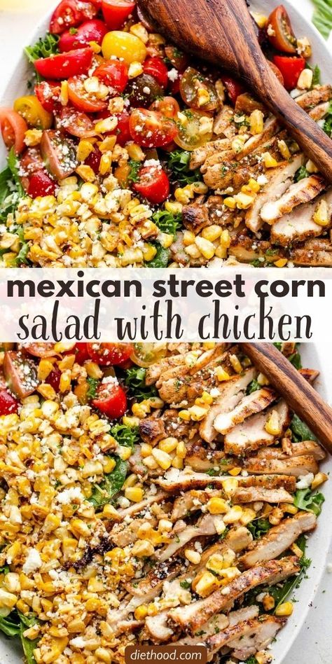 Mexican Street Corn Salad with Grilled Chicken is a delectable combination of charred corn, zesty lime, and cotija cheese, perfectly complemented by juicy, grilled chicken and tomatoes for a refreshing, yet hearty and delicious meal. Grilled Corn Cilantro Chicken Salad, Street Corn Dinner Ideas, Elite Corn Chicken Salad, Healthy Hearty Salad Recipes, Grilled Mexican Street Corn Recipe, Mexican Corn Chicken Salad, Chicken And Corn Salad, Mexican Street Corn Chicken Salad, Street Corn Chicken Salad