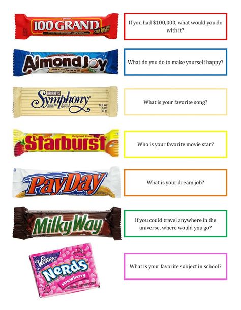 Crazy About Cakes: Candy Bar Getting to Know You Game Get To Know Your Leaders Game, Candy Sayings, Ccd Activities, Marketing Gifts, Volunteer Training, Sunshine Committee, Youth Rooms, Get To Know You Activities, Yw Activities