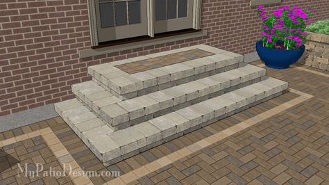 With a large 84" wide stoop and 3 cascading steps, this step design is nothing short of grand. Downloadable plan includes how-to's and material list. Patio Step, Paver Steps, Patio Stairs, Front Door Steps, Front Porch Steps, Front Stairs, Brick Steps, Large Backyard Landscaping, Patio Plans