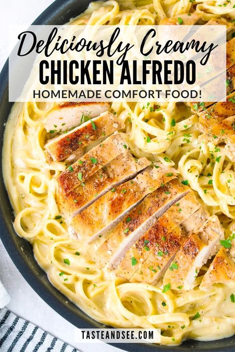 This mouthwatering Chicken Alfredo recipe is creamy, cheesy, and sure to become a family favorite!  With a rich creamy cheese sauce, tender golden chicken, and perfectly cooked fettuccine pasta.  This comforting, and satisfying, homemade chicken Alfredo pasta is a restaurant-quality meal perfect for cozy weeknight dinners or special occasions with family and friends. #ChickenAlfredo #ChickenAlfredoRecipe #TasteAndSee Homemade Chicken Fettuccine Alfredo, Chicken Alfredo Pasta Recipes, Easy Chicken Fettuccine Alfredo, Unique Pasta Dishes, Homemade Chicken Alfredo, Chicken Alfredo Recipe, Chicken Fettuccine Alfredo, Golden Chicken, Chicken Fettuccine