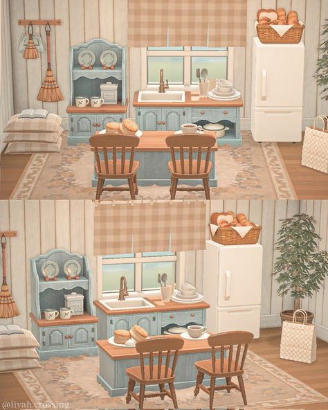 Animal Crossing Cozy House Ideas, Acnh House Interior Kitchen, Acnh Kitchen Ideas Cottagecore, Animal Crossing Ranch House, Acnh Ranch House Interior, Animal Crossing Ranch Kitchen, Animal Crossing Room Ideas Kitchen, Acnh Villager Home Interior Ideas, Acnh Ranch House