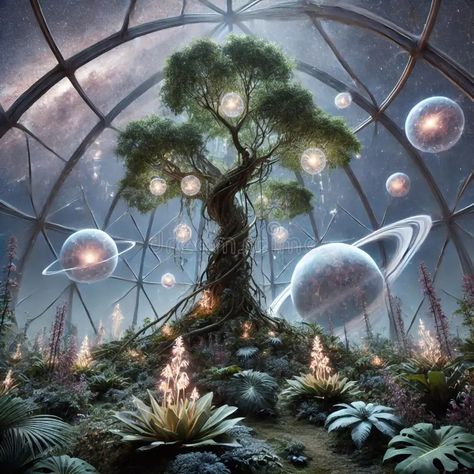 Galactic Botanical Garden in a Transparent Dome: A Futuristic Sci-Fi Landscape with Celestial Views and Alien Flora vector illustration Space Garden Illustration, Galactic Wallpaper, Alien Garden, Flora Vector, Alien Flora, Space Plants, Alien Planets, Wallpaper Garden, Alien Plants