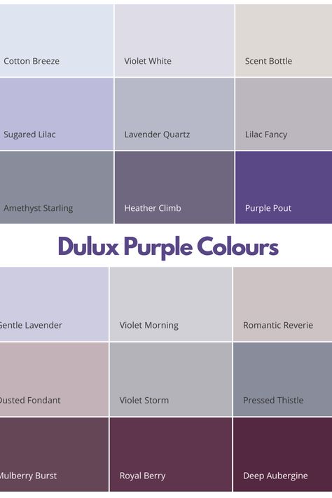 dulux purple colours, swatches of all the different Dulux purple paint colours in their collection ranging from light lilac to deep aubergine Lick Purple Paint, Shades Of Purple Wall Paint, Light Shades Of Purple, Dulux Purple Paint, Dusky Purple Bedroom, Colours That Go With Purple, Wall Color Ideas For Living Room, 2024 Bedroom Colors, Lilac Wall Paint