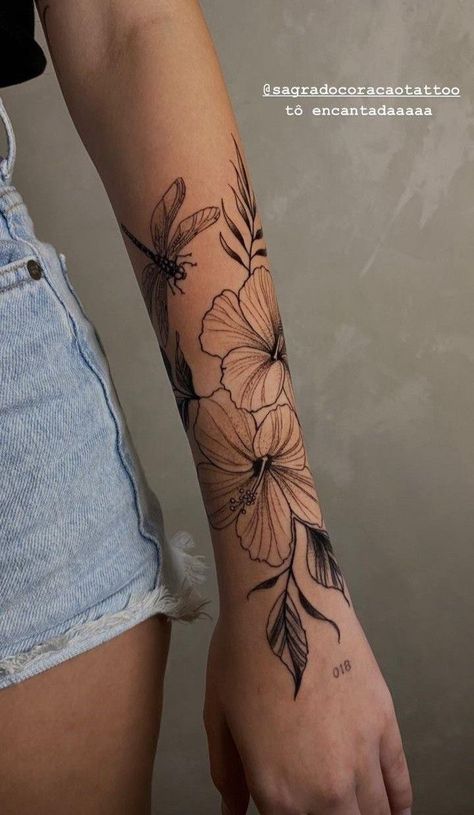 Flower Line Work Tattoo, Hibiscus Sleeve Tattoo, Floral Arm Tattoo, Around Arm Tattoo, History Tattoos, Tattoos For Women Half Sleeve, Petite Tattoos, Forearm Tattoo Women, Dope Tattoos For Women