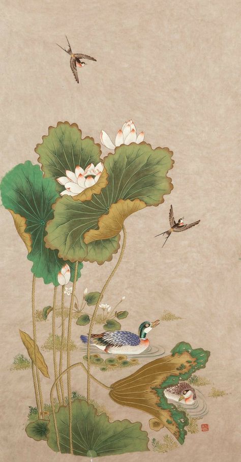 Lotus Painting, Korean Painting, Chinese Art Painting, Lotus Art, 수채화 그림, Crochet Creations, Korean Art, China Art, Japanese Painting