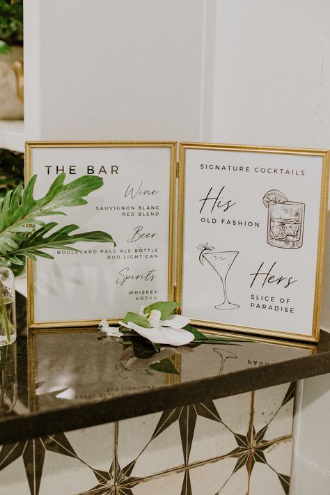 Boho Wedding Bar Sign, Gold Picture Frame Wedding Decor, Picture Frame Menu, Gold Framed Wedding Signs, Wedding Bar Menu Sign Diy, Wedding Drinks Menu Sign, Diy Bar Menu Sign, Gold Frame Wedding Decor, Vintage Bar Signs