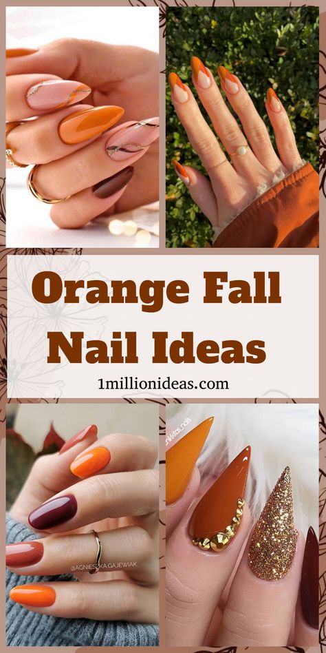 Orange-themed fall nail designs displayed in various shades and styles. Burnt Orange And Blue Nails, Orange And Burgundy Nails, Orange Gel Nails Ideas, Orange And Brown Nails Fall, Matte Burnt Orange Nails, Burnt Orange Ombre Nails, Orange Autumn Nails, Burnt Orange Nail Ideas, Orange Nail Ideas