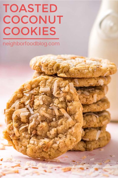 Coconut lovers will go CRAZY for these chewy TOASTED COCONUT COOKIES. Absolutely packed with coconut flavor and NO CHILL required, this easy cookie recipe will be a new favorite! Coconut Pecan Cookies, Coconut Cookies Recipes, Chewy Cookies, Coconut Desserts, Coconut Pecan, Frozen Cookies, Cookie Spread, Pecan Cookies, Coconut Cookies