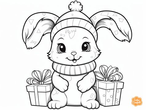 illustration of Holiday bunny coloring page Bunny Coloring Pages Free Printable, Winter Coloring Pages For Kids, Xmas Color, Bunny Coloring, Winter Coloring Pages, Mandala Turtle, Christmas Bunny, Bunny Coloring Pages, Adorable Bunny