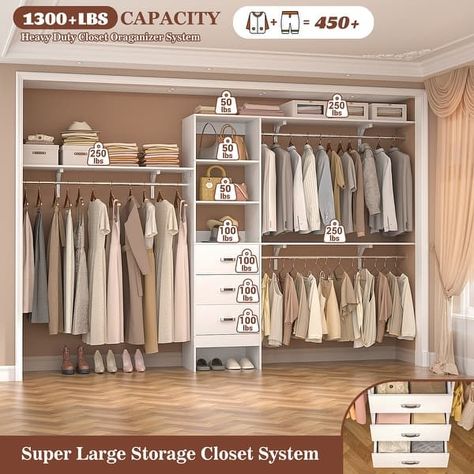 120'' Closet Organizer with Drawers, Closet System with DIY Shelves for Reach-in and Walk-in Closet - Bed Bath & Beyond - 40982167 Walk In Closet Organizer, Closet Wallpaper, Drawers Closet, Closet Organizer With Drawers, Heavy Duty Clothes Rack, Open Closet, Closet Organizing Systems, Closet Organizer, Diy Closet