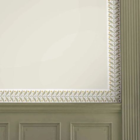 A straight edged border or trim with a  pretty leaf and berry pattern in linen beige with metallic gold detail. Can be hung in either direction depending on which you prefer. Wallpaper With Trim, Wallpaper Border Ideas, Wall Trims, Wall Stencil Border, Berry Pattern, Border Wallpaper, Dark Trim, Bath Redo, Mulberry Home