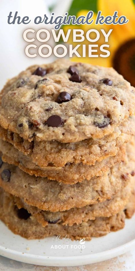 These are the original Keto Cowboy Cookies. You can't resist these big low carb cookies loaded with chocolate chips, coconut, and pecans! Keto Coconut Chocolate Chip Cookies, Keto No Bake Cookies Coconut, Keto Cookies Chocolate Chip, Healthy Cowboy Cookies, Carb Free Cookies, Keto Butter Pecan Cookies, Keto Pecan Cookies, Keto Oatmeal Chocolate Chip Cookies, Keto Pecan Pie Cookies