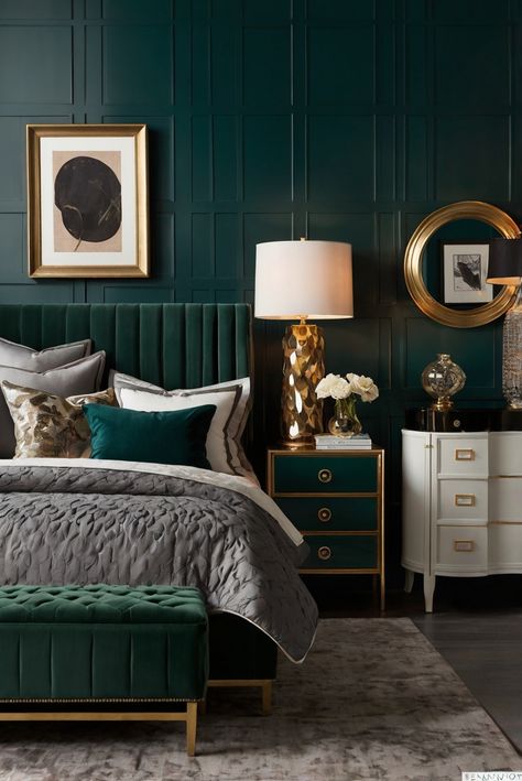 Discover the most sizzling bedroom color trends this season, guaranteed to transform your space into a stylish sanctuary. #ad     #Colortrend #wallpaint2024  #color2024  #DIYpainting  ##DIYhomedecor  #Fixhome Modern Jewel Tone Bedroom, Dark Green Maximalist Bedroom, Home Decor 2024 Trends, Phtalo Green Bedroom, Modern Glamour Bedroom, Modern Luxury Bedroom Bedding Dark Green, Choosing Bedroom Colors, Emeralnd Green Bed, Elevated Bedroom