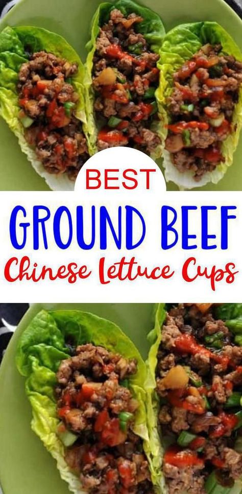 lettuce cups filled with Chinese ground beef filling and sauce Lettuce Wraps Hamburger, Asian Beef Lettuce Cups, Recipes For Lettuce Wraps, Chinese Lettuce Cups, Crock Pot Lettuce Wraps, Teriyaki Beef Lettuce Wraps, Lettuce Cups Recipe, Asian Ground Beef Lettuce Wraps, Ground Beef Lettuce Cups