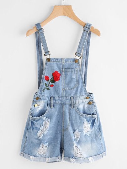 Rose Embroidered Destroyed Denim Dungaree Shorts -SheIn(Sheinside) Denim Dungaree Shorts, Style Salopette, Dungaree Shorts, Denim Dungaree, Mode Kawaii, Dungarees Shorts, Kleidung Diy, Destroyed Denim, Girls Fashion Clothes