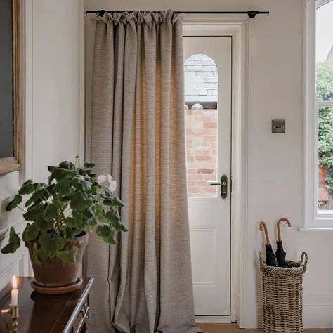 Door curtain ideas are back - here's how to get the look | Ideal Home Curtains Over Front Door, Hallway Curtains, Tori Murphy, Wool Mushroom, Drafty Doors, Front Door Curtains, Hallway Flooring, Modern Hallway, Small Hallways