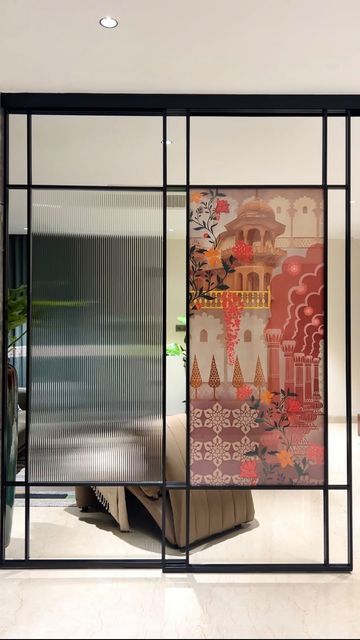 Sliding Panel Art, Glass Partition Design, Partition Furniture, Sleek Interior Design, Teen Game Rooms, Interior Partition, Sliding Partition, Glass Partition Designs, Neon Home Decor