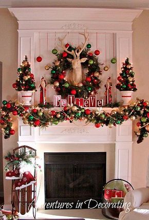 Christmas mantel decor - deer wreath, ice skates hanging on sled... Deer Wreath, Xmas Fireplace, Christmas Fireplace Decor, Christmas Mantle Decor, Traditional Christmas Decorations, Christmas Mantel, Christmas Tablescape, Christmas Mantel Decorations, Christmas Mantle